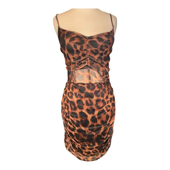 Pretty Little Thing Leopard Print Ruched Sides Mesh Center Midi Bodycon Size 12 - Picture 5 of 10